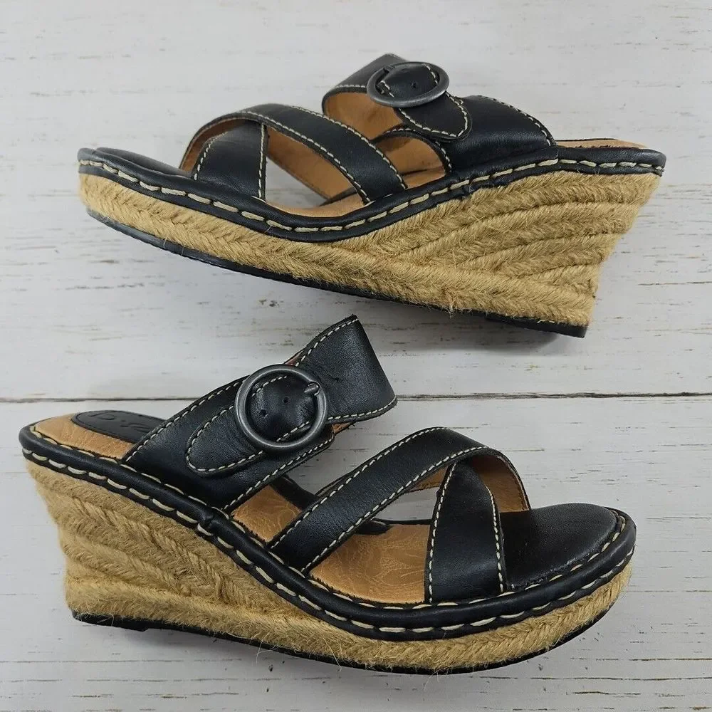 Born Boc Wedge‎ Sandals Womens 7 Black Leather Comfort Espadrille Strappy Shoe